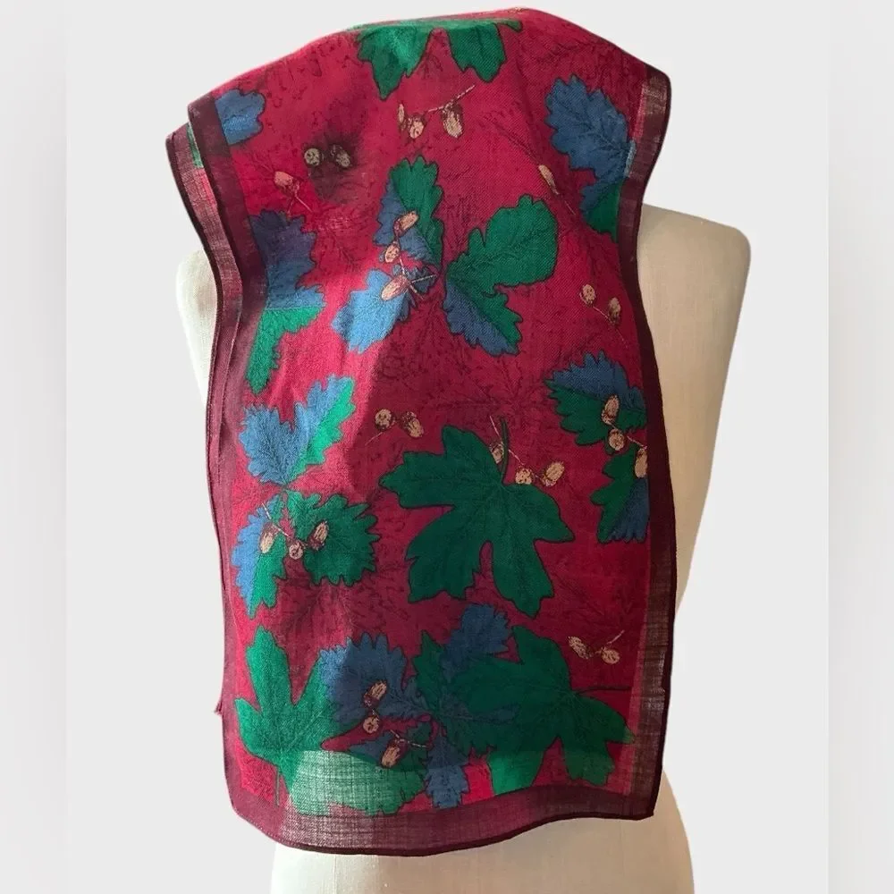 Vintage 1988 Ginnie Johansen 100% Wool Floral Scarf Red Green 57”